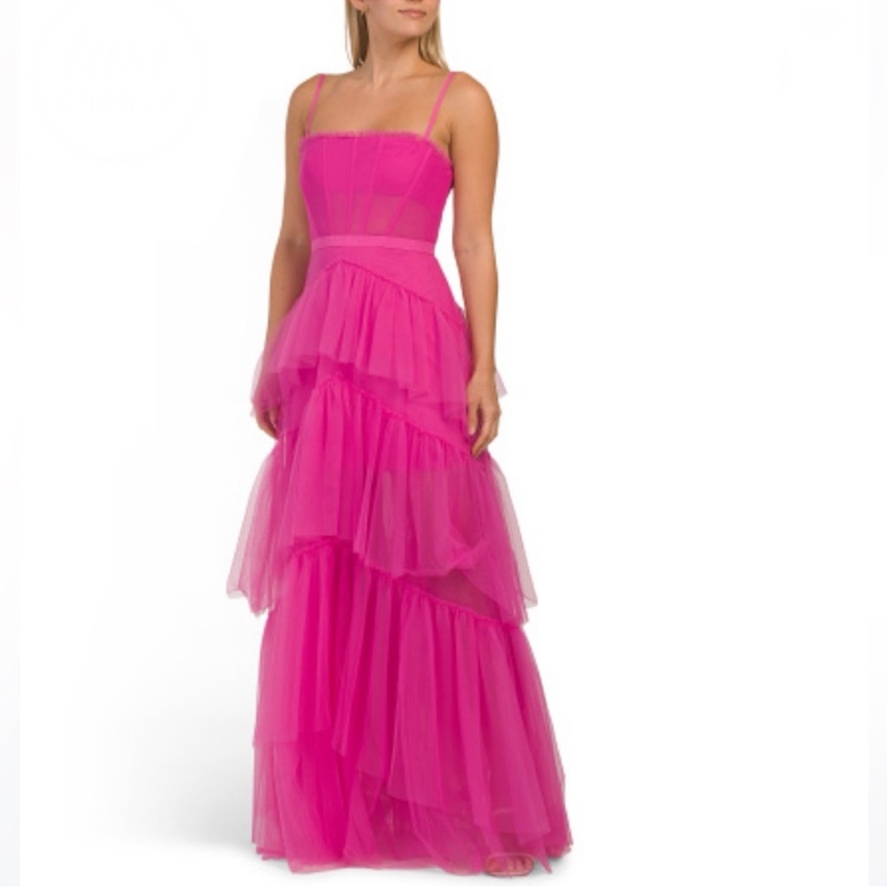 Betsy & Adam Hot Pink Tiered Tulle Ruffle Supported Corset Gown - Reemoly